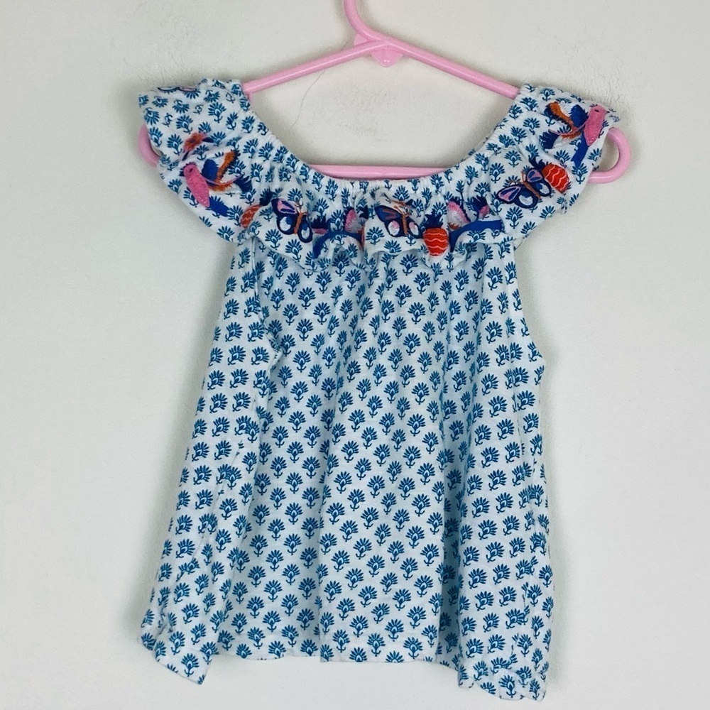 Mini Boden flounce neck blue and white tank top with tropical embroidery 3-4 yrs